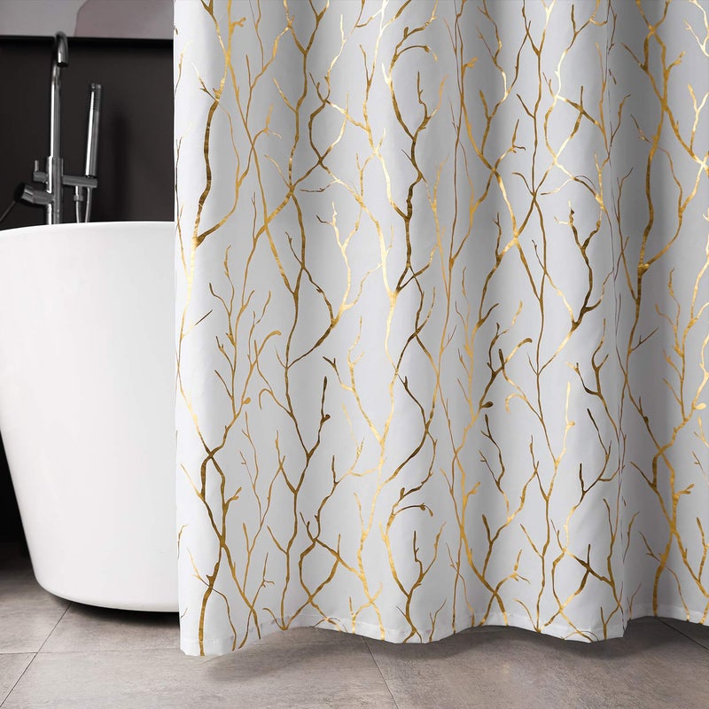 FINECITY White Shower Curtain with Gold Branch Pattern 12 Hooks Included, 72 x 72 Inch, 1 Panel - Image 3